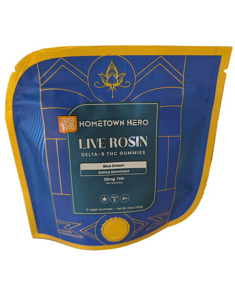 Hometown Hero Live Rosin Delta-8 THC Gummies packaging on a glass shelf.